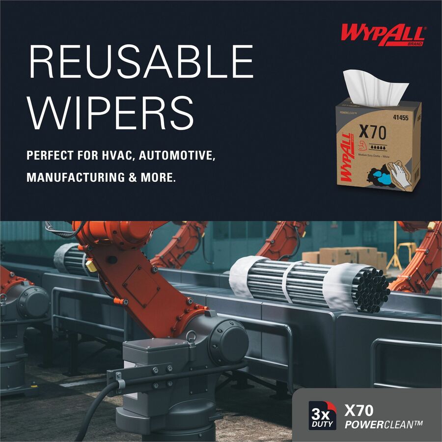 Wypall PowerClean X70 Medium Duty Cloths - Pop-Up Box - 8.34" x 16.80" - White - Hydroknit - Durable, Absorbent, Strong, Reusable, Embossed - For Multipurpose - 100 Per Box - 1000 / Carton