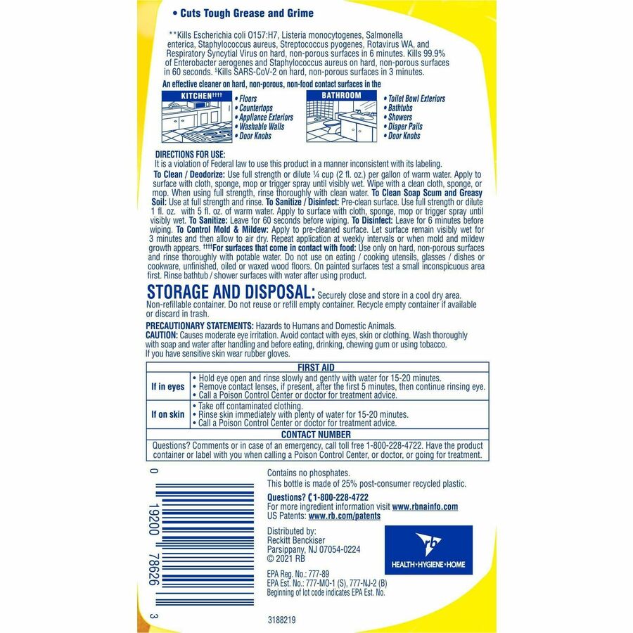 Lysol Clean/Fresh Lemon Cleaner - For Multipurpose - 40 fl oz (1.3 quart) - Lemon Scent - 9 / Carton - Long Lasting - Yellow