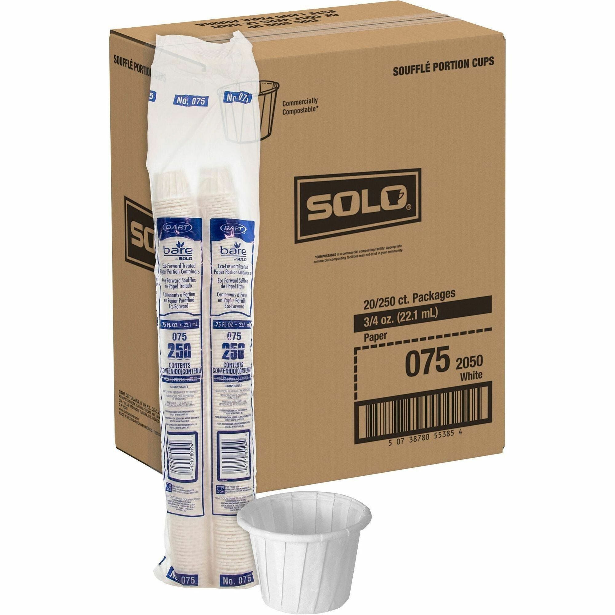 Solo 0.75 oz Treated Paper Souffle Portion Cups - 250.0 / Bag - 20 / Carton - White - Paper