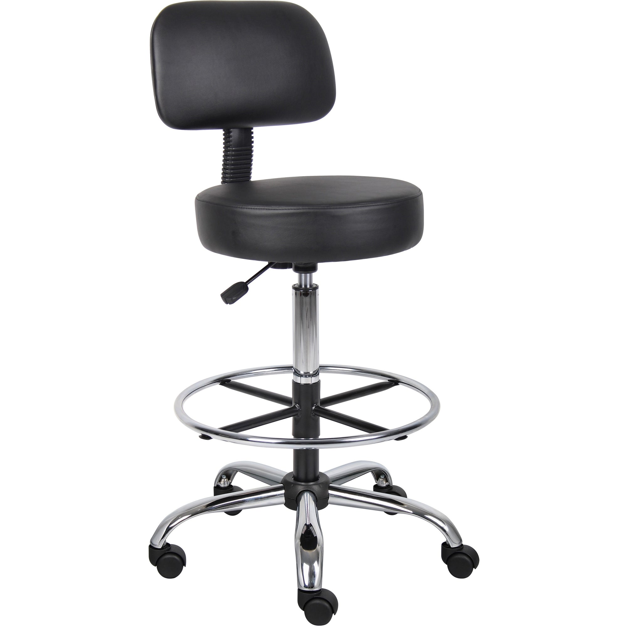 Boss Drafting Stool - Black Vinyl Seat - Black Back - Chrome, Black Chrome Frame - 5-star Base - 1 Each
