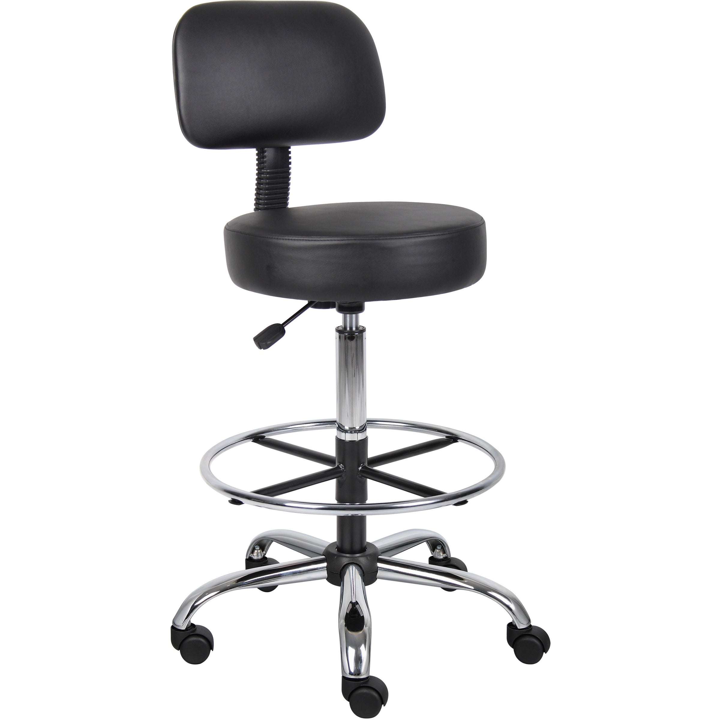 Boss Drafting Stool - Black Vinyl Seat - Black Back - Chrome, Black Chrome Frame - 5-star Base - 1 Each