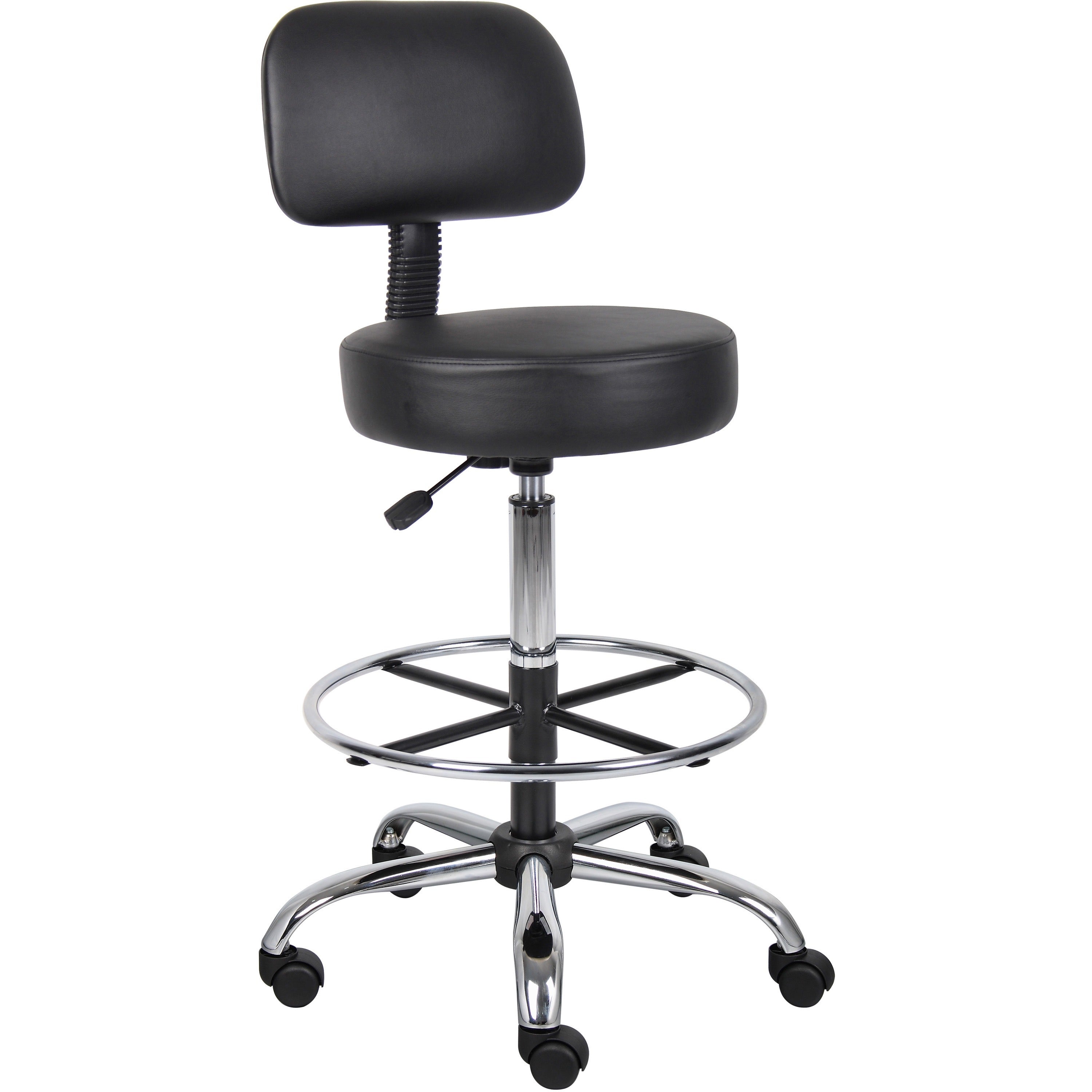Boss Drafting Stool - Black Vinyl Seat - Black Back - Chrome, Black Chrome Frame - 5-star Base - 1 Each