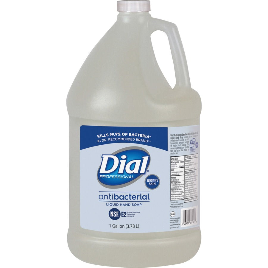 Dial Sensitive Skin Antibacterial Liquid Hand Soap Refill - 1 gal (3.8 L) - Kill Germs, Bacteria Remover, Yeast Remover, Mold Remover - Skin, Hand - Clear - 4 / Carton