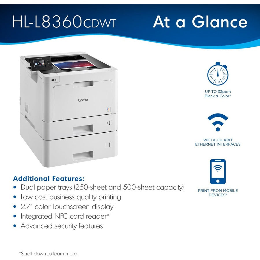 Brother Business Color Laser Printer HL-L8360CDWT - Wireless Networking - Dual Trays - Color Laser Printer - 33 ppm Mono / 33 ppm Color - Automatic Duplex Print - Ethernet - Wireless LAN - USB - 4