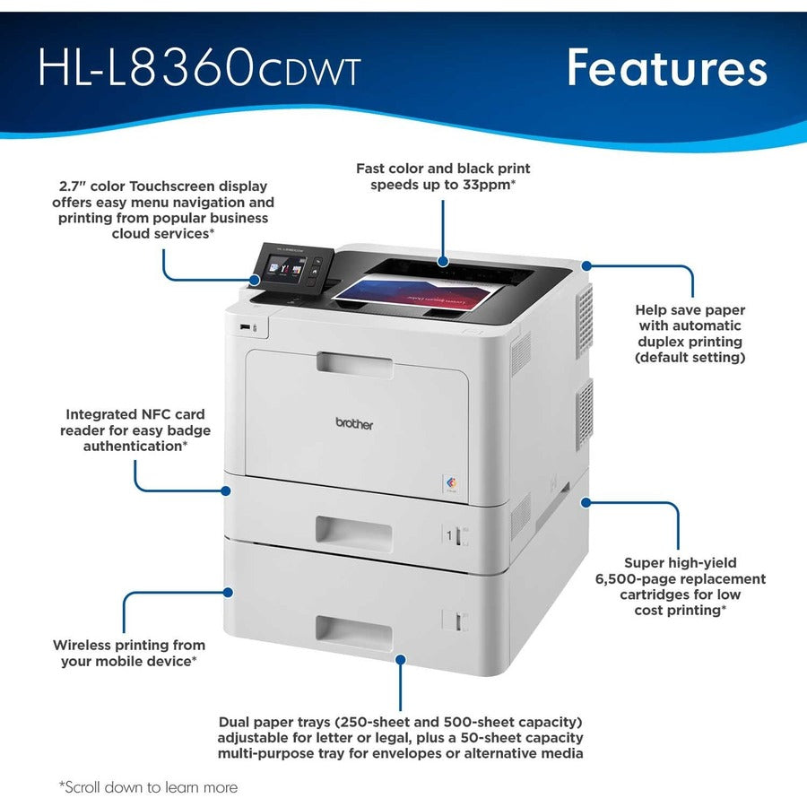 Brother Business Color Laser Printer HL-L8360CDWT - Wireless Networking - Dual Trays - Color Laser Printer - 33 ppm Mono / 33 ppm Color - Automatic Duplex Print - Ethernet - Wireless LAN - USB - 3