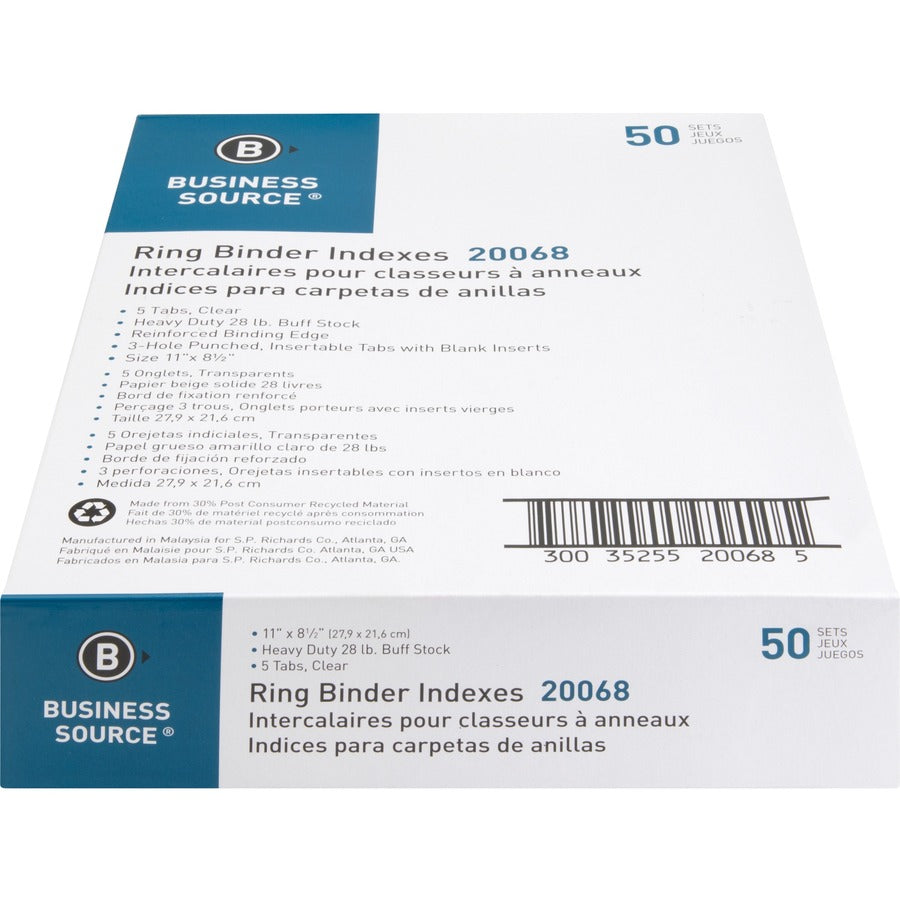 Business Source Buff Stock Ring Binder Indexes - 5 x Divider(s) - Blank Tab(s) - 5 Tab(s)/Set2" Tab Width - 8.5" Divider Width x 11" Divider Length - Letter - 3 Hole Punched - Buff Buff Paper Divider - Clear Tab(s) - 50 / Box