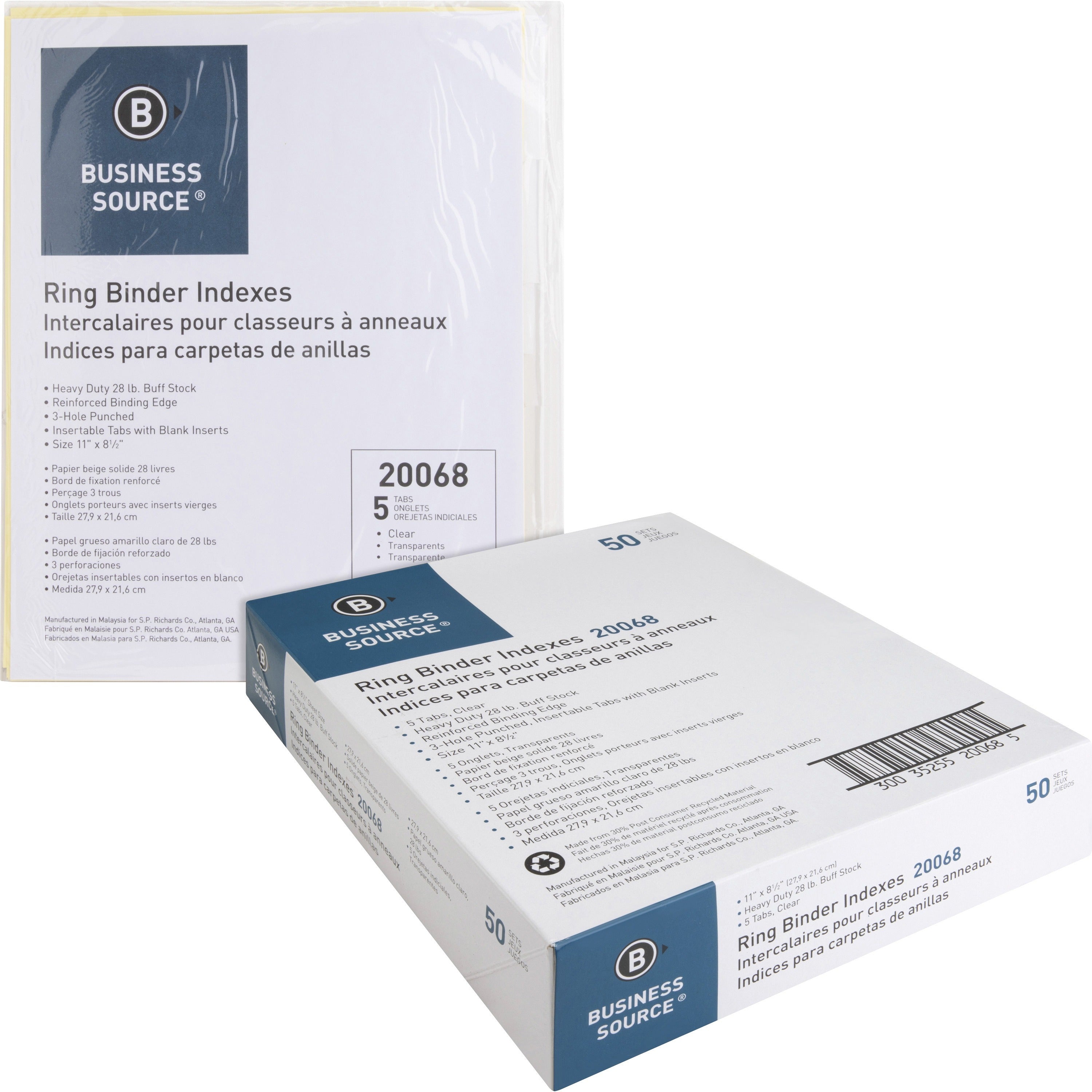 Business Source Buff Stock Ring Binder Indexes - 5 x Divider(s) - Blank Tab(s) - 5 Tab(s)/Set2" Tab Width - 8.5" Divider Width x 11" Divider Length - Letter - 3 Hole Punched - Buff Buff Paper Divider - Clear Tab(s) - 50 / Box