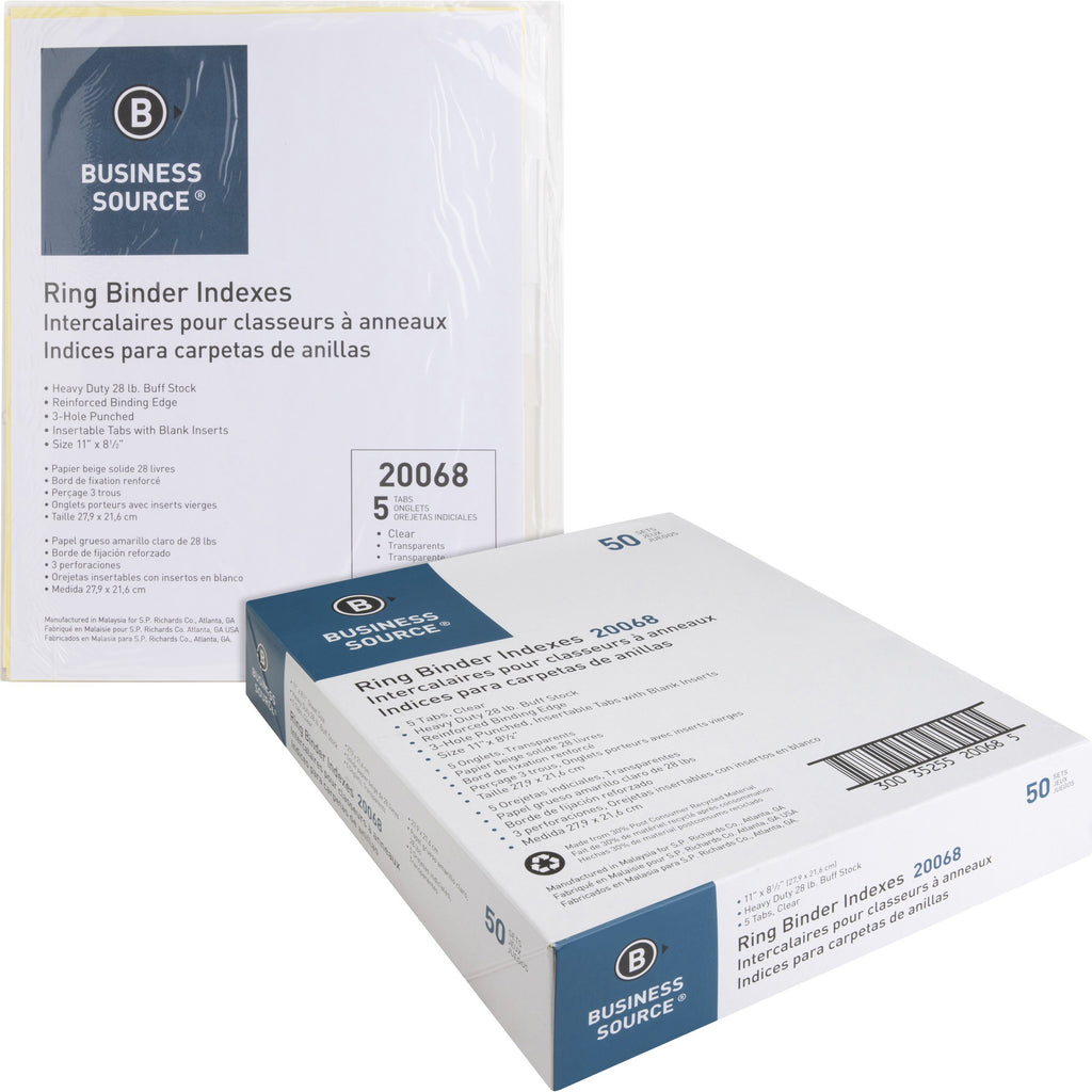 business-source-buff-stock-ring-binder-indexes-5-x-dividers-blank-tabs-5-tabs-set2-tab-width-85-divider-width-x-11-divider-length-letter-3-hole-punched-buff-buff-paper-divider-clear-tabs-50-box_bsn20068bx - 1