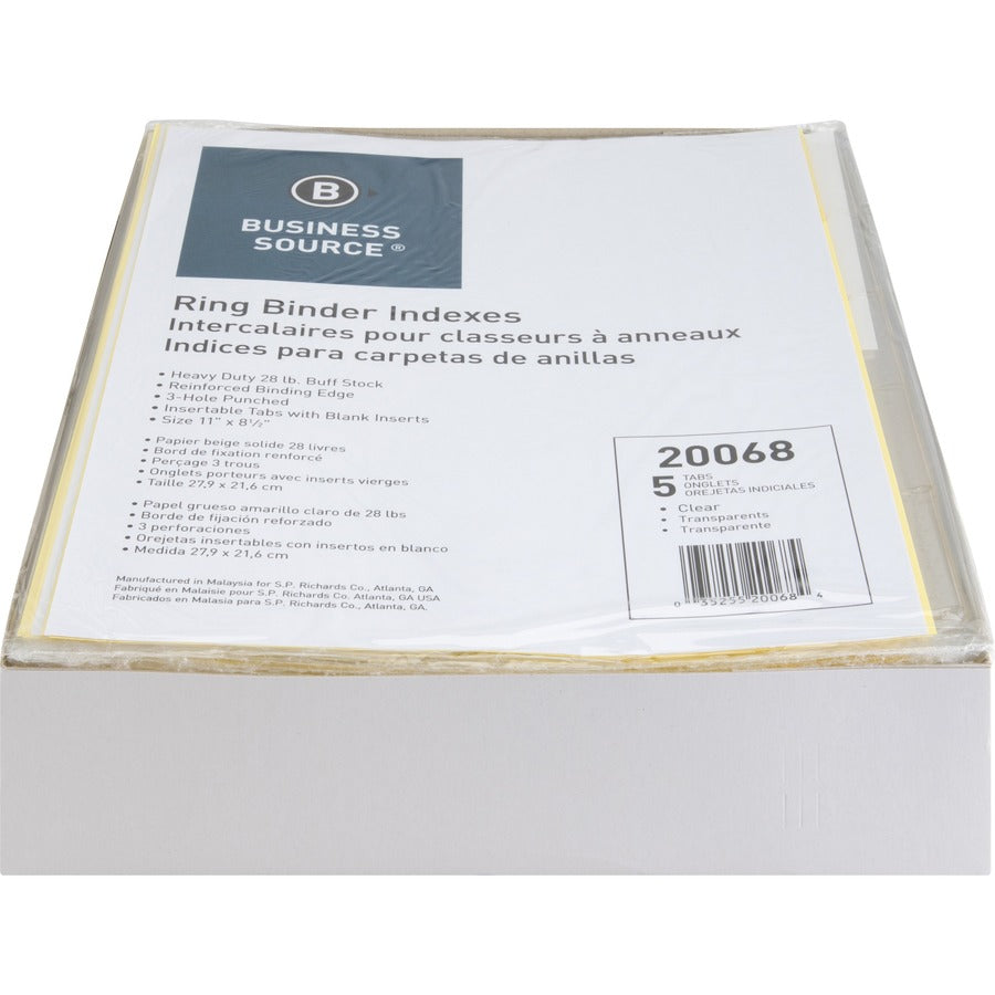 Business Source Buff Stock Ring Binder Indexes - 5 x Divider(s) - Blank Tab(s) - 5 Tab(s)/Set2" Tab Width - 8.5" Divider Width x 11" Divider Length - Letter - 3 Hole Punched - Buff Buff Paper Divider - Clear Tab(s) - 50 / Box