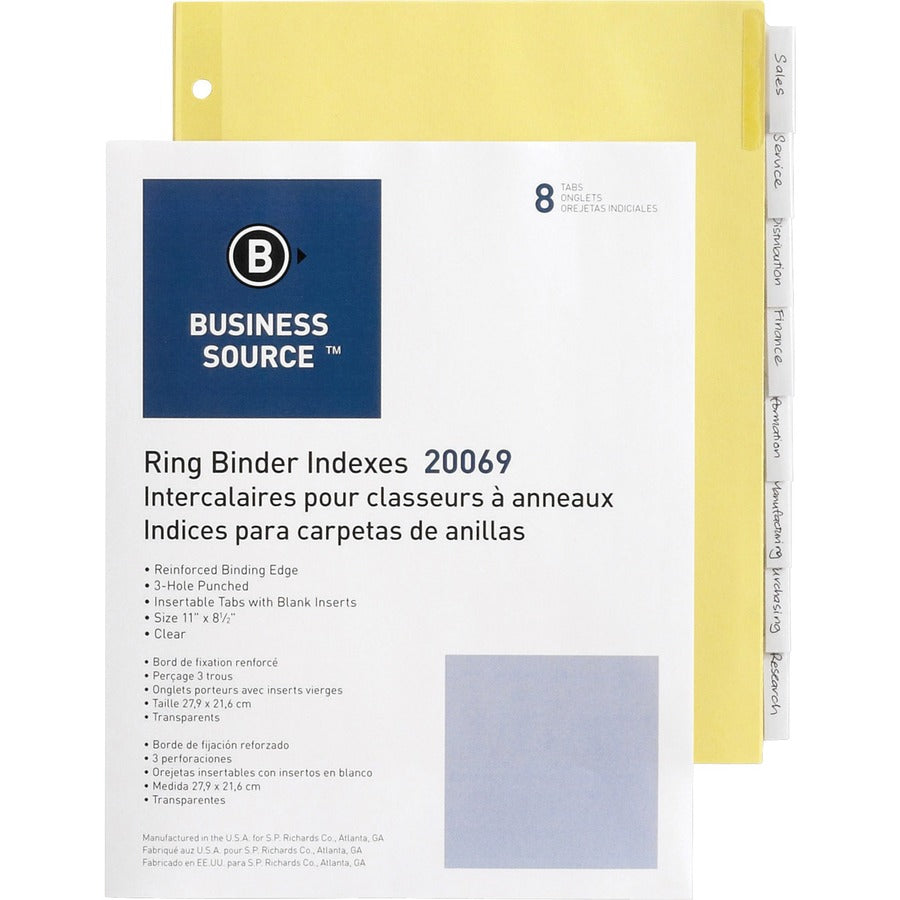 Business Source Buff Stock Ring Binder Indexes - 8 x Divider(s) - Blank Tab(s) - 8 Tab(s)/Set1.25" Tab Width - 8.5" Divider Width x 11" Divider Length - Letter - 3 Hole Punched - Clear Buff Paper Divider - Clear Tab(s) - 50 / Box
