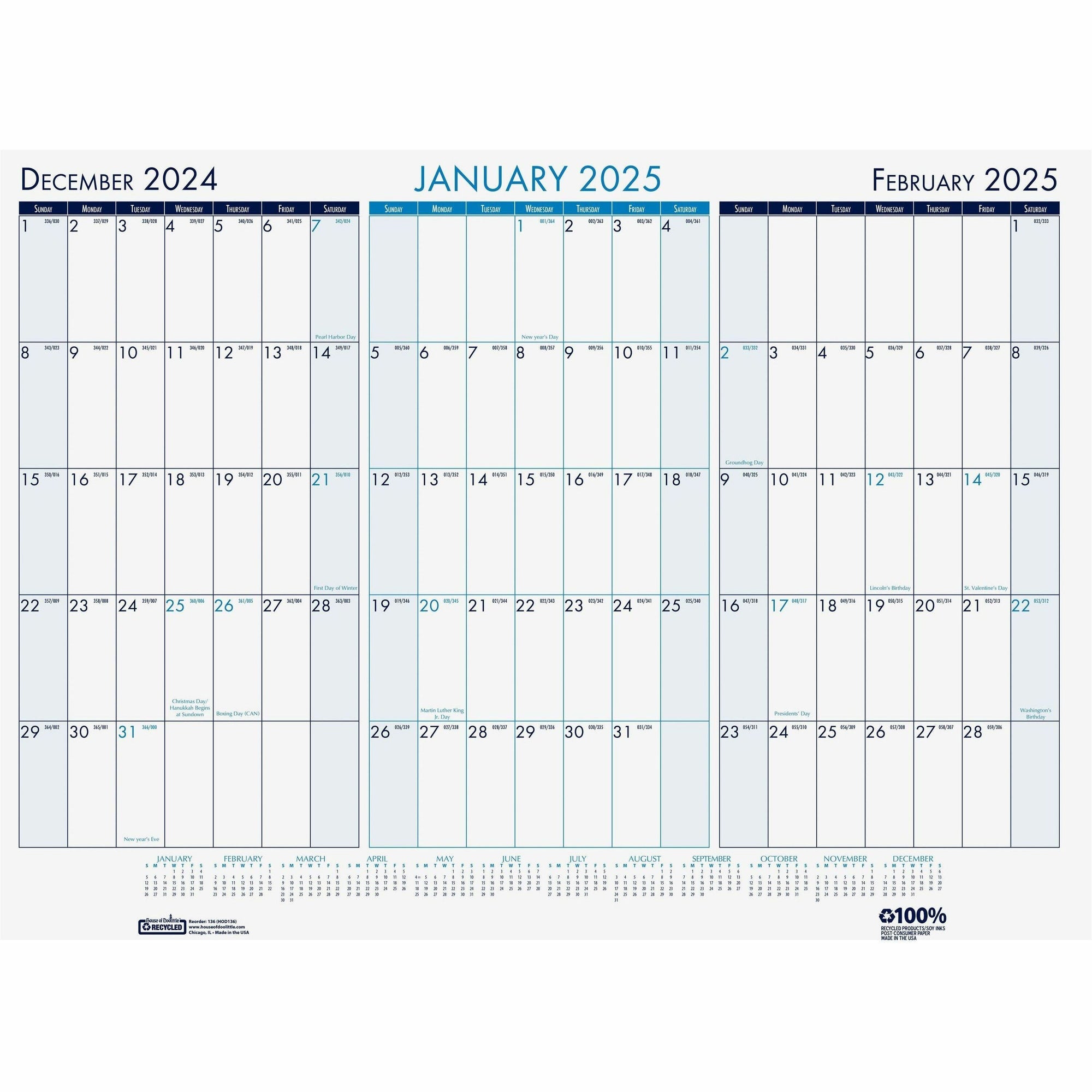 Three Month Desk Pad, 22 x 17, White/Blue/Teal Sheets, Blue Binding, Blue Corners, 14-Month (Dec to Jan): 2023 to 2025