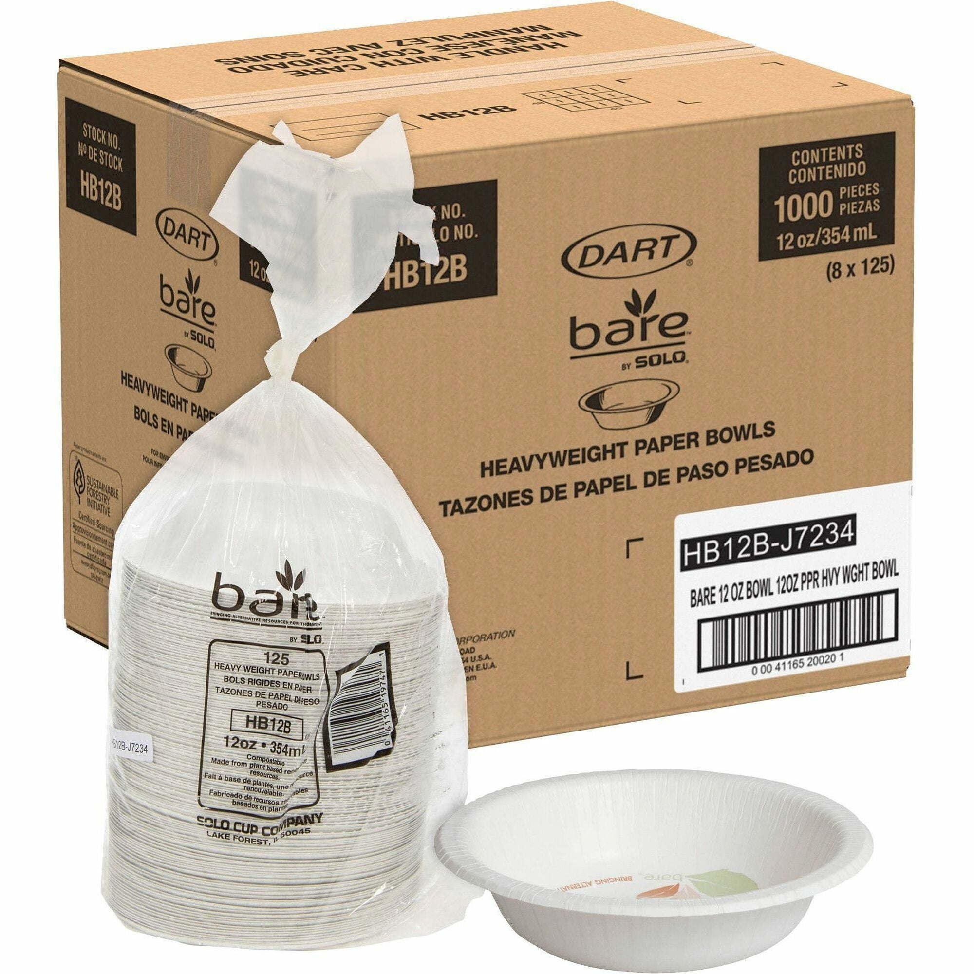 Solo Bare 12 oz Heavyweight Paper Bowls - 125 / Pack - Bare - Disposable - White - Paper Body - 8 / Carton
