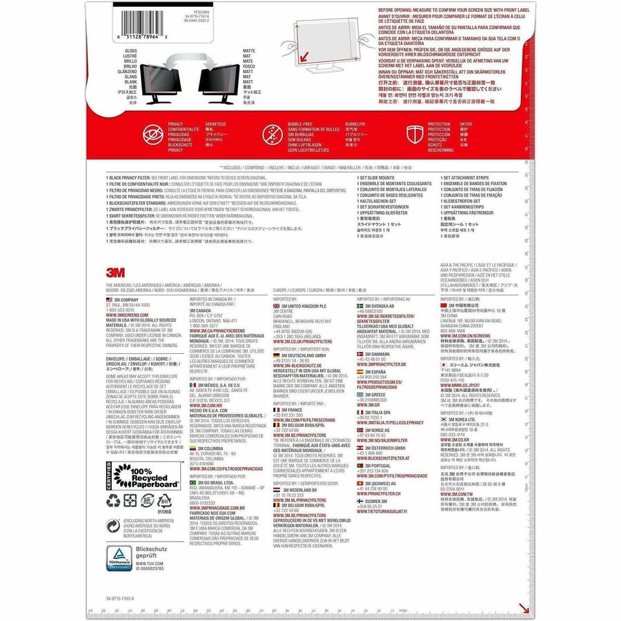 3M Privacy Filter for 20in Monitor, 16:9, PF200W9B - For 20" Widescreen LCD Monitor - 16:9 - Scratch Resistant, Fingerprint Resistant, Dust Resistant - Anti-glare