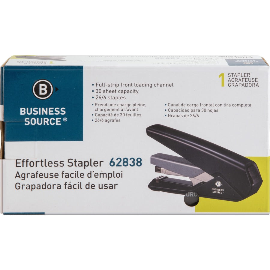 Business Source Full Strip Flat-Clinch Stapler - 30 of 20lb Paper Sheets Capacity - 210 Staple Capacity - Full Strip - 1/4" Staple Size - 1 Each - Black