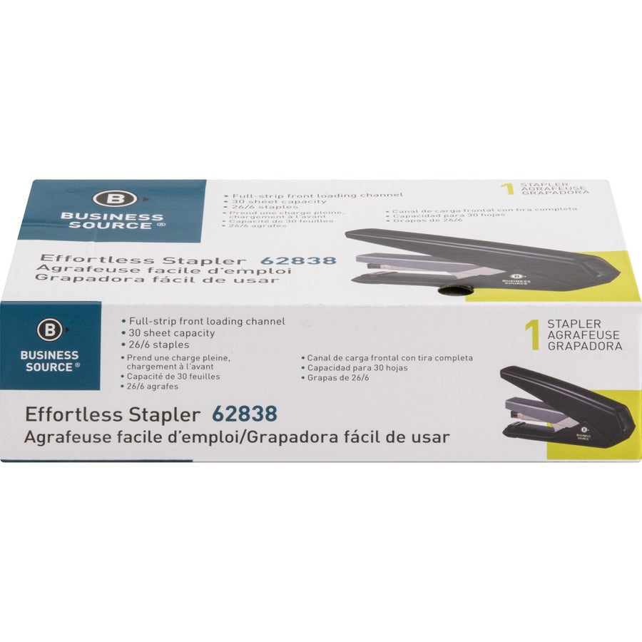 Business Source Full Strip Flat-Clinch Stapler - 30 of 20lb Paper Sheets Capacity - 210 Staple Capacity - Full Strip - 1/4" Staple Size - 1 Each - Black