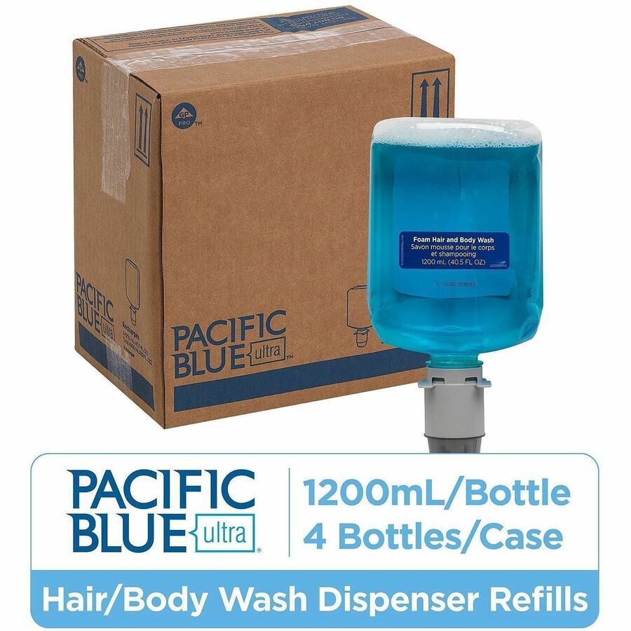 Pacific Blue Ultra Hair And Body Wash Manual Dispenser Refills - 40.6 fl oz (1200 mL) - Squeeze Bottle Dispenser - Dirt Remover, Bacteria Remover - Hair, Body, Skin - Blue - Hygienic, Rich Lather, pH Balanced - 4 / Carton