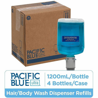 Pacific Blue Ultra Hair And Body Wash Manual Dispenser Refills - 40.6 fl oz (1200 mL) - Squeeze Bottle Dispenser - Dirt Remover, Bacteria Remover - Hair, Body, Skin - Blue - Hygienic, Rich Lather, pH Balanced - 4 / Carton
