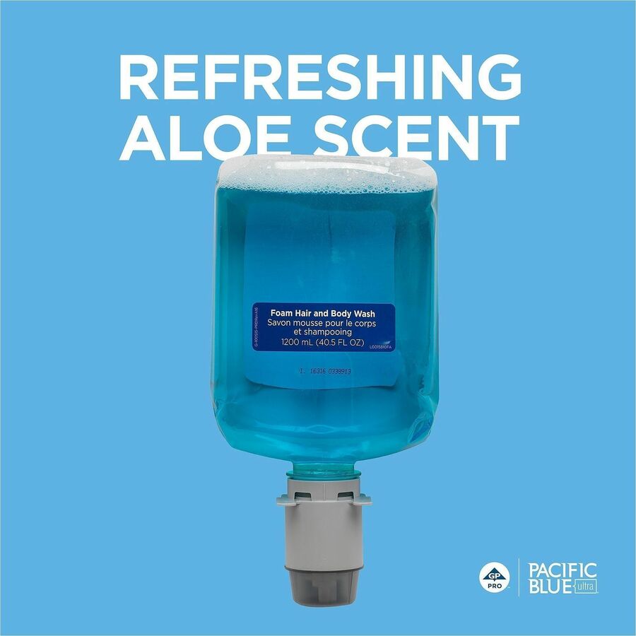 Pacific Blue Ultra Hair And Body Wash Manual Dispenser Refills - 40.6 fl oz (1200 mL) - Squeeze Bottle Dispenser - Dirt Remover, Bacteria Remover - Hair, Body, Skin - Blue - Hygienic, Rich Lather, pH Balanced - 4 / Carton