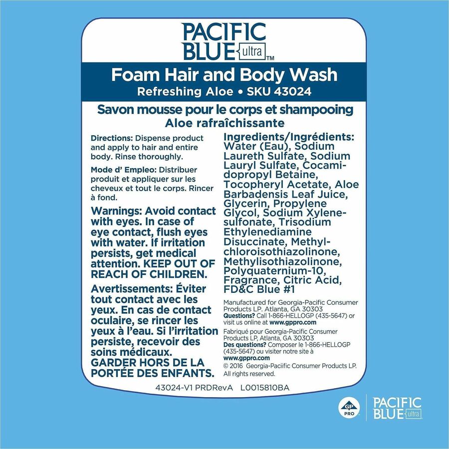 Pacific Blue Ultra Hair And Body Wash Manual Dispenser Refills - 40.6 fl oz (1200 mL) - Squeeze Bottle Dispenser - Dirt Remover, Bacteria Remover - Hair, Body, Skin - Blue - Hygienic, Rich Lather, pH Balanced - 4 / Carton