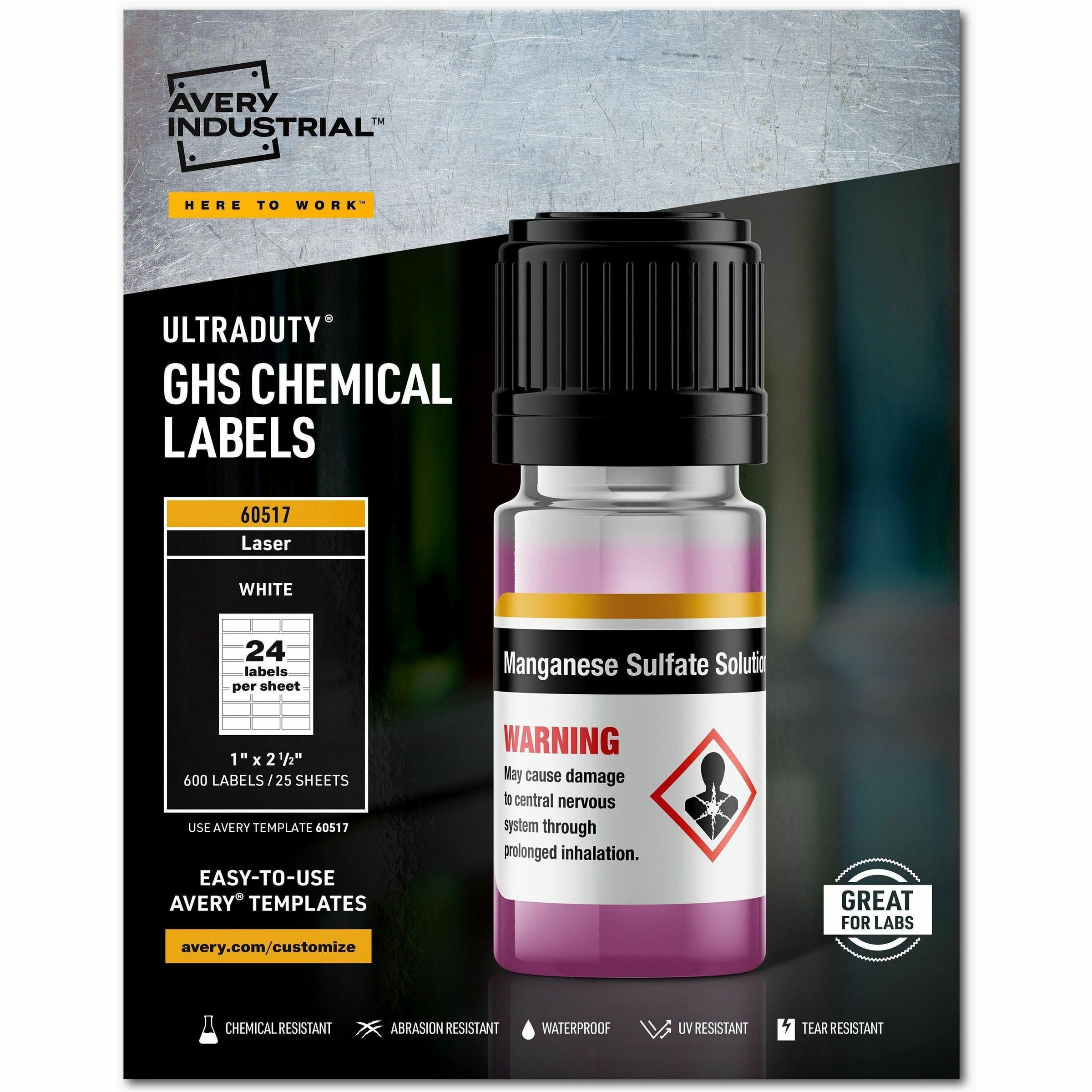 UltraDuty GHS Chemical Waterproof and UV Resistant Labels, 1 x 2.5, White, 24/Sheet, 25 Sheets/Pack