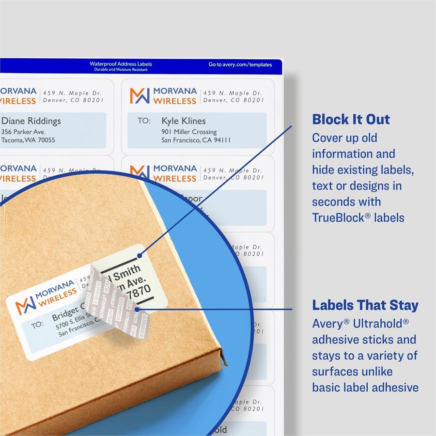 Waterproof Shipping Labels with TrueBlock and Sure Feed, Laser Printers, 2 x 4, White, 10/Sheet, 500 Sheets/Box