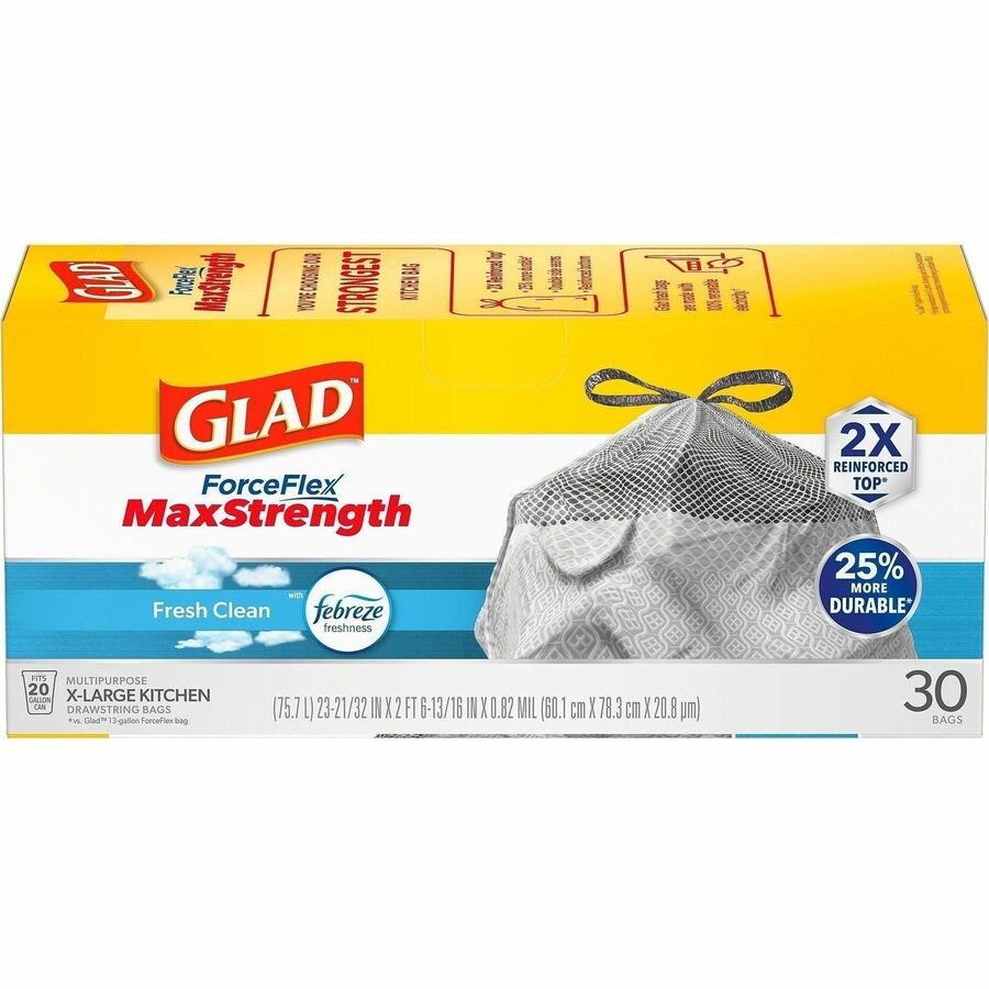 Glad ForceFlexPlus X-Large Kitchen Drawstring Trash Bags - Fresh Clean with Febreze Freshness - Large Size - 20 gal Capacity - 24.02" Width x 32.01" Length - Drawstring Closure - Gray - 1Each - 30 Per Box - Garbage, Kitchen, Office, Home
