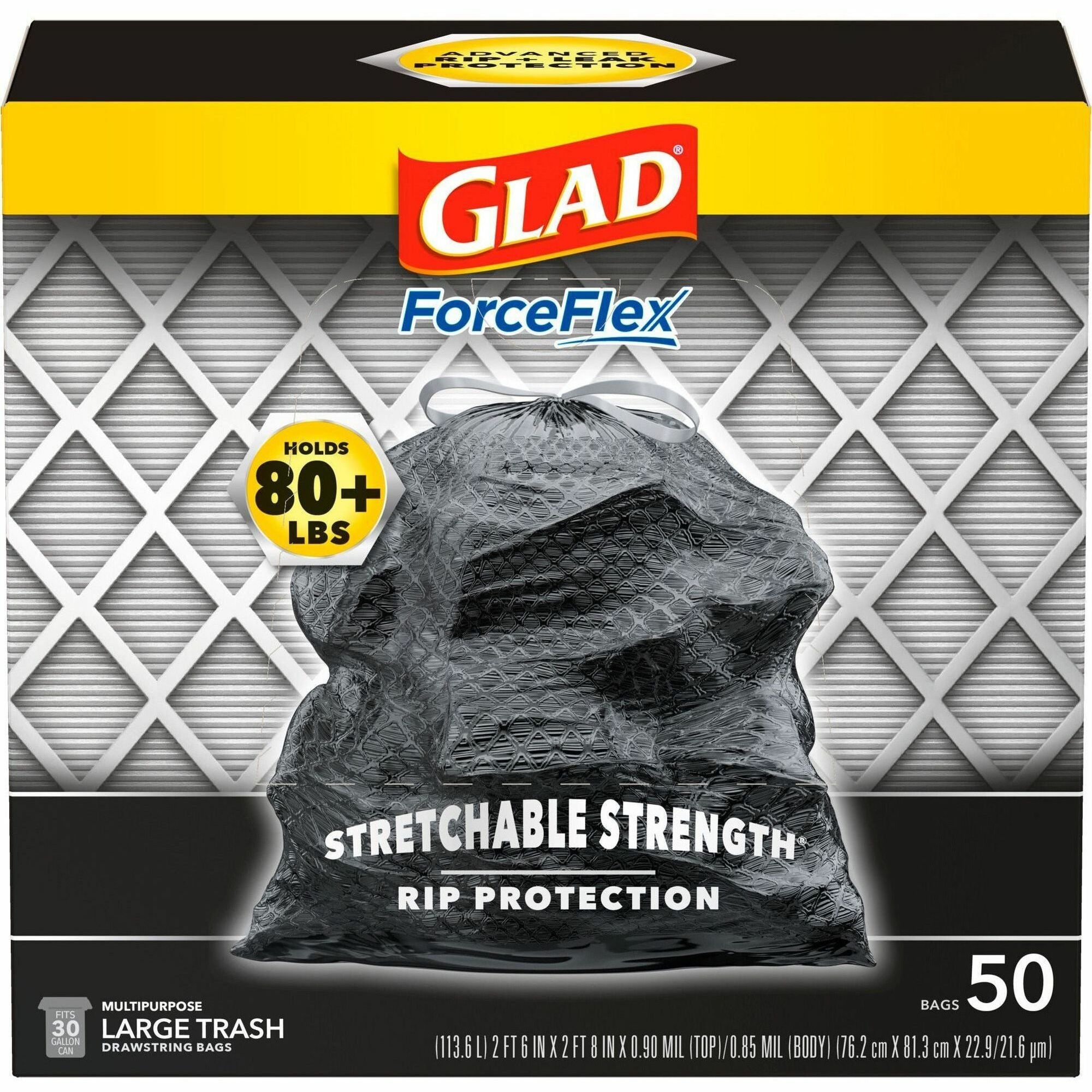 Glad ForceFlexPlus Drawstring Large Trash Bags - Large Size - 30 gal Capacity - 30" Width x 32.01" Length - 0.90 mil (23 Micron) Thickness - Drawstring Closure - Black - 1Box - 50 Per Box - Garbage, Indoor, Outdoor, Home, Office, Restaurant, Commerci - 1
