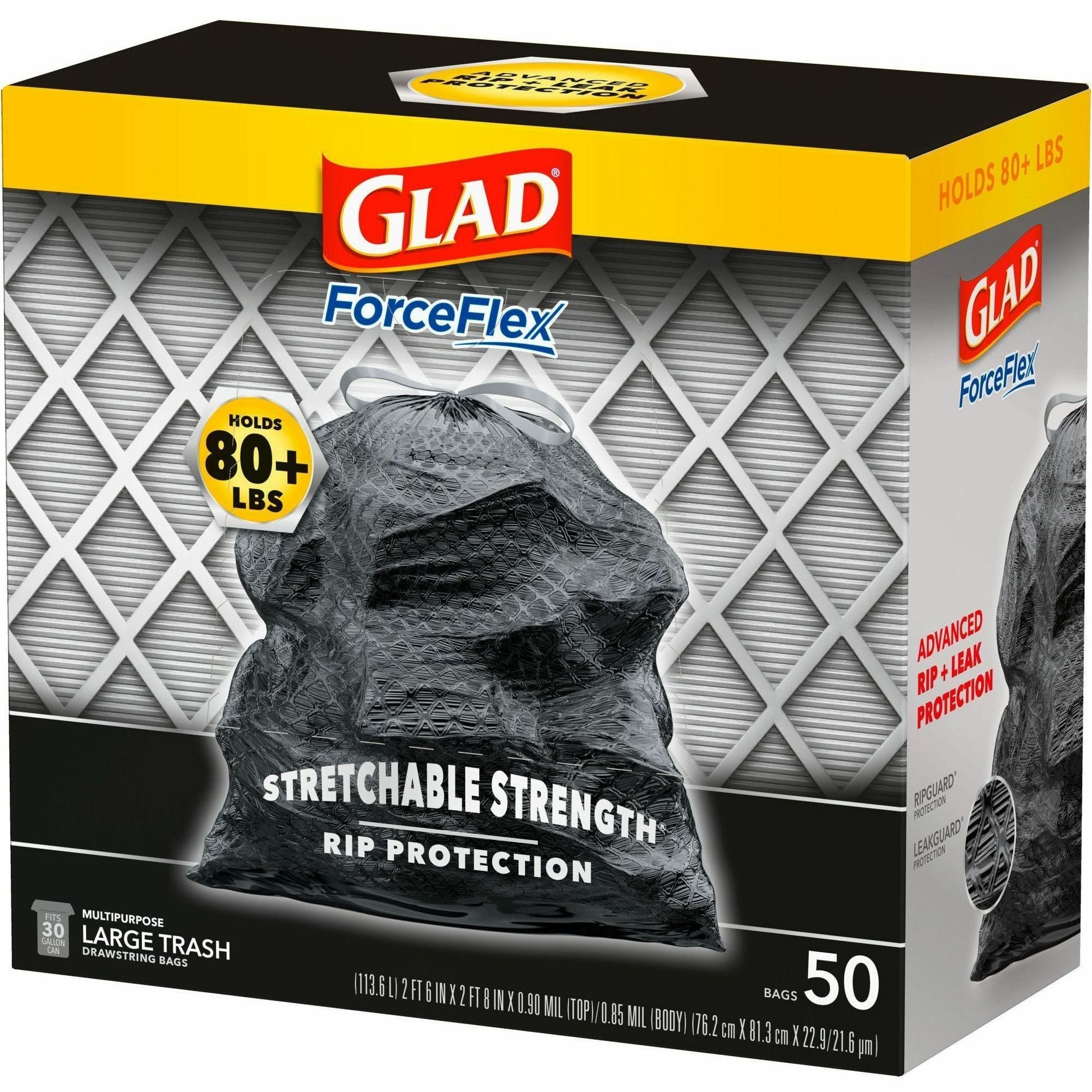Glad ForceFlexPlus Drawstring Large Trash Bags - Large Size - 30 gal Capacity - 30" Width x 32.01" Length - 0.90 mil (23 Micron) Thickness - Drawstring Closure - Black - 1Box - 50 Per Box - Garbage, Indoor, Outdoor, Home, Office, Restaurant, Commerci - 3