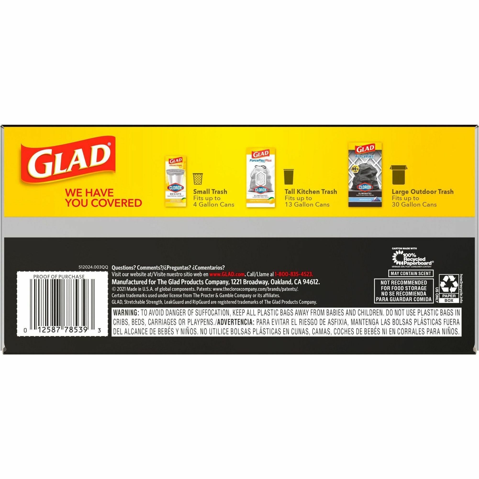 Glad ForceFlexPlus Drawstring Large Trash Bags - Large Size - 30 gal Capacity - 30" Width x 32.01" Length - 0.90 mil (23 Micron) Thickness - Drawstring Closure - Black - 1Box - 50 Per Box - Garbage, Indoor, Outdoor, Home, Office, Restaurant, Commerci - 2