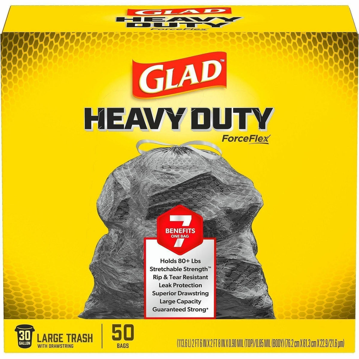 Glad ForceFlexPlus Drawstring Large Trash Bags - Large Size - 30 gal Capacity - 30" Width x 32.01" Length - 0.90 mil (23 Micron) Thickness - Drawstring Closure - Black - 1Box - 50 Per Box - Garbage, Indoor, Outdoor, Home, Office, Restaurant, Commerci
