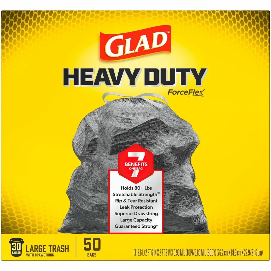Glad ForceFlexPlus Drawstring Large Trash Bags - Large Size - 30 gal Capacity - 30" Width x 32.01" Length - 0.90 mil (23 Micron) Thickness - Drawstring Closure - Black - 1Box - 50 Per Box - Garbage, Indoor, Outdoor, Home, Office, Restaurant, Commerci