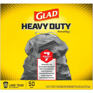 Glad ForceFlexPlus Drawstring Large Trash Bags - Large Size - 30 gal Capacity - 30" Width x 32.01" Length - 0.90 mil (23 Micron) Thickness - Drawstring Closure - Black - 1Box - 50 Per Box - Garbage, Indoor, Outdoor, Home, Office, Restaurant, Commerci