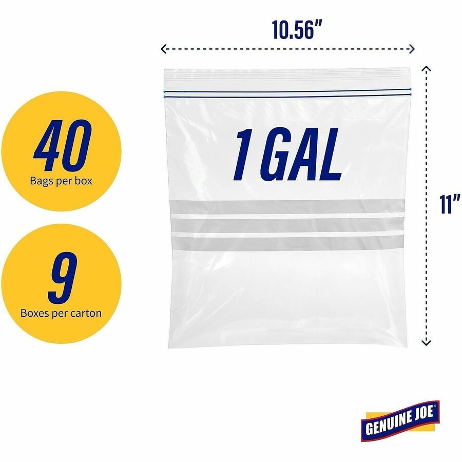 Genuine Joe Food Storage Bags - 1 gal Capacity - 10.56" Width x 11" Length - 1.75 mil (44 Micron) Thickness - Zipper Closure - Clear - 40/Box - Food, Beef, Poultry, Vegetables, Seafood