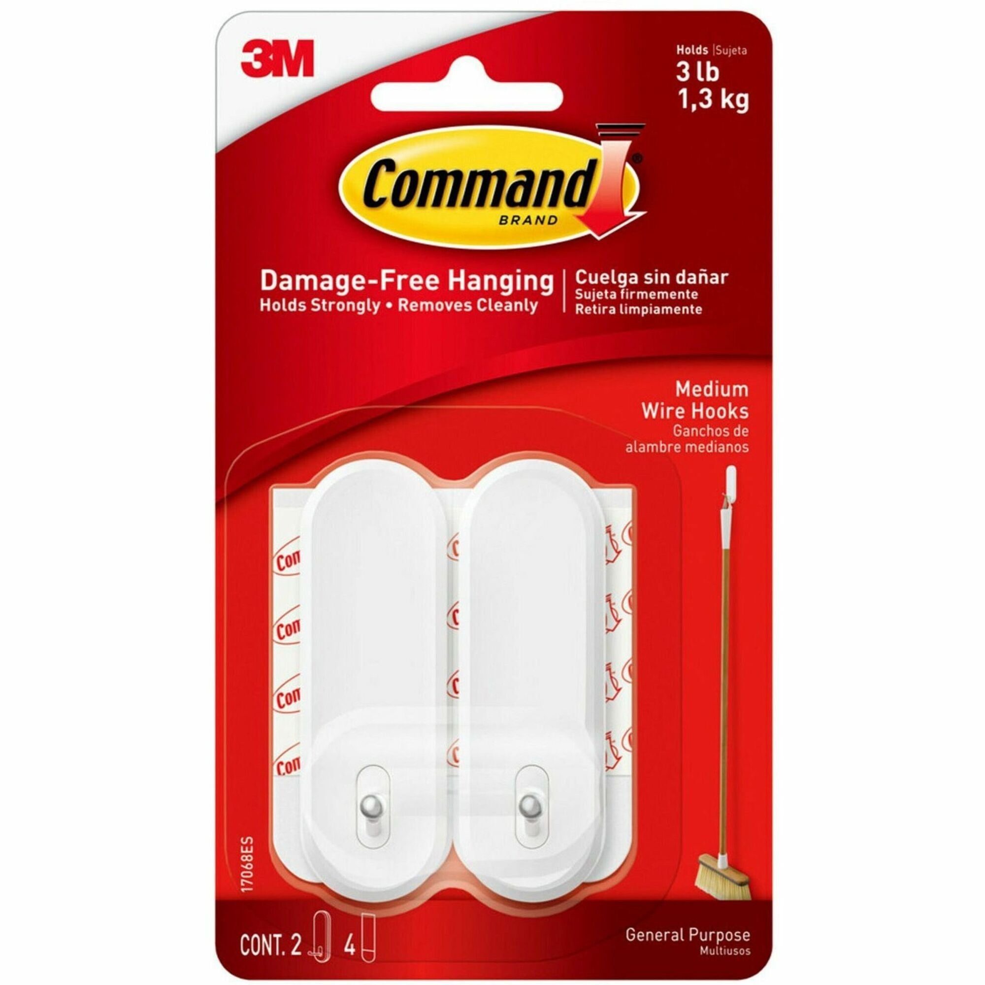 General Purpose Wire Hooks, Medium, Metal, White, 3 lb Capacity, 2 Hooks and 4 Strips/Pack