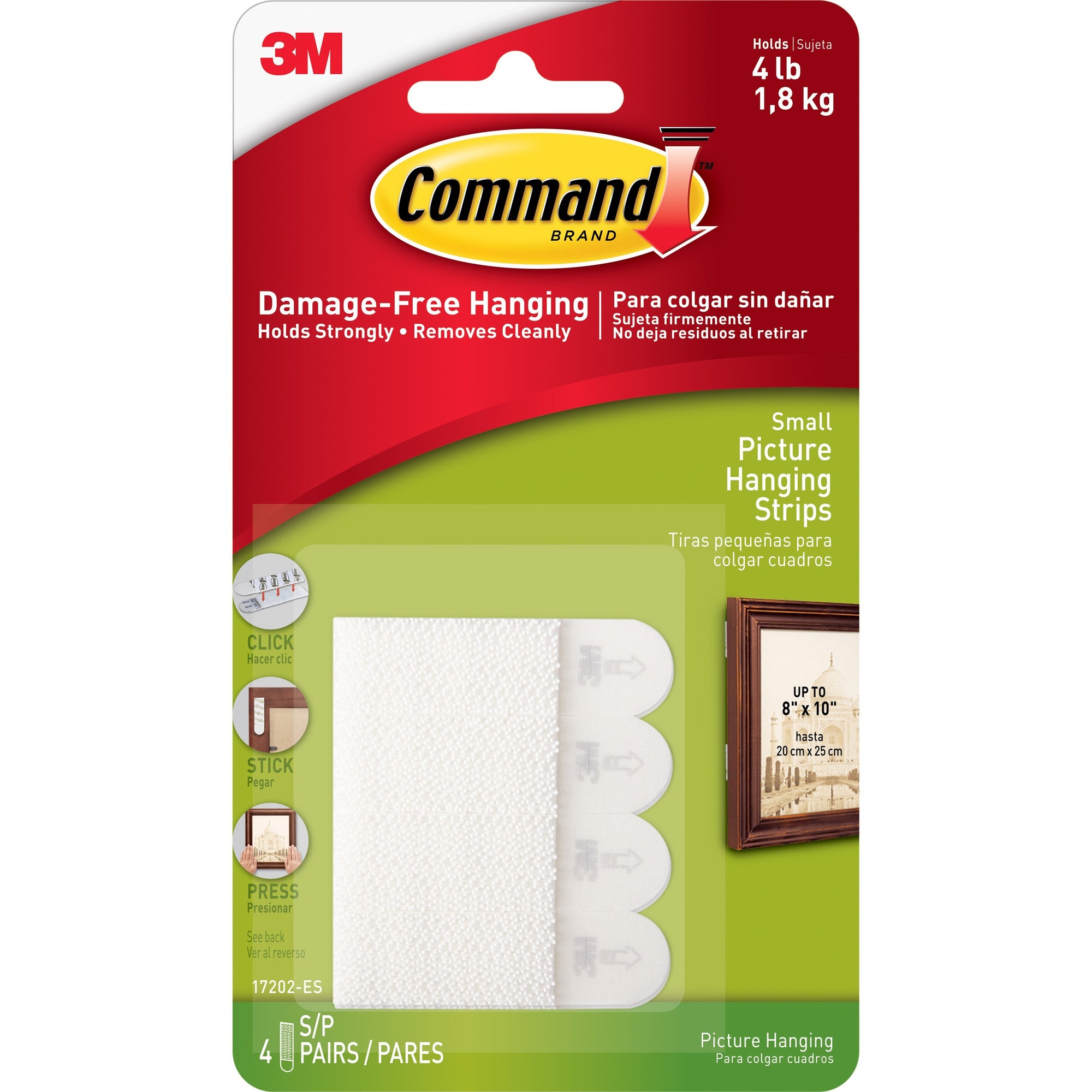 Picture Hanging Strips, Repositionable, Holds Up to 1 lb per Pair, 0.63 x 2.13, White, 4 Pairs/Pack