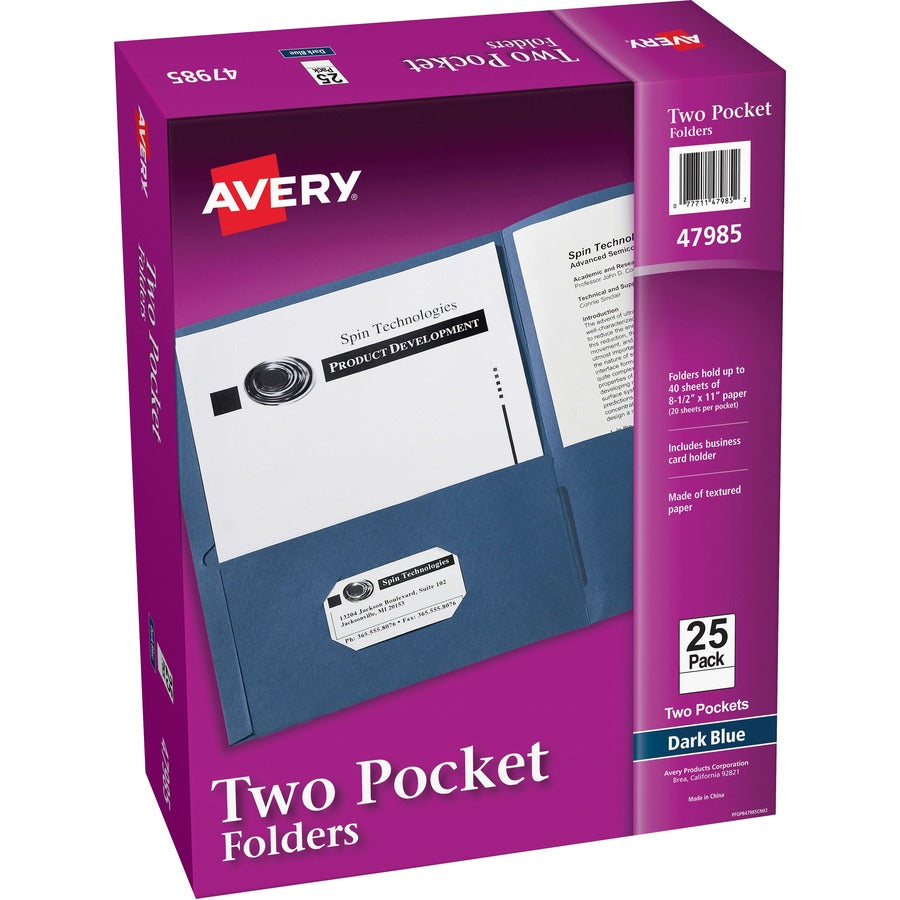 Avery Letter Pocket Folder - 8 1/2" x 11" - 40 Sheet Capacity - 2 Internal Pocket(s) - Embossed Paper - Dark Blue - 125 / Carton