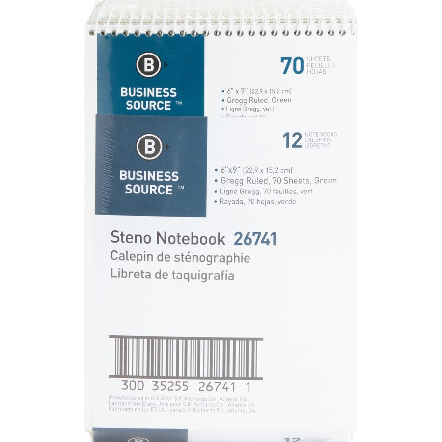 Business Source Steno Notebook - 70 Sheets - Wire Bound - Gregg Ruled Margin - 15 lb Basis Weight - 6" x 9" - Green Paper - Stiff-back - 12 / Pack