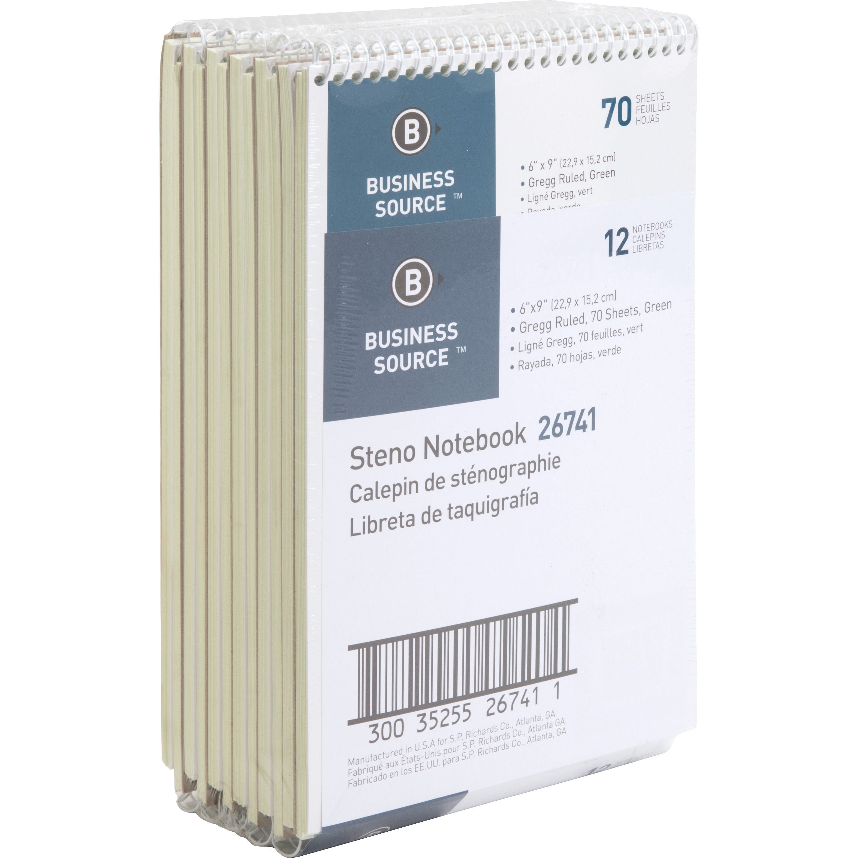 business-source-steno-notebook-70-sheets-wire-bound-gregg-ruled-margin-15-lb-basis-weight-6-x-9-green-paper-stiff-back-12-pack_bsn26741pk - 1