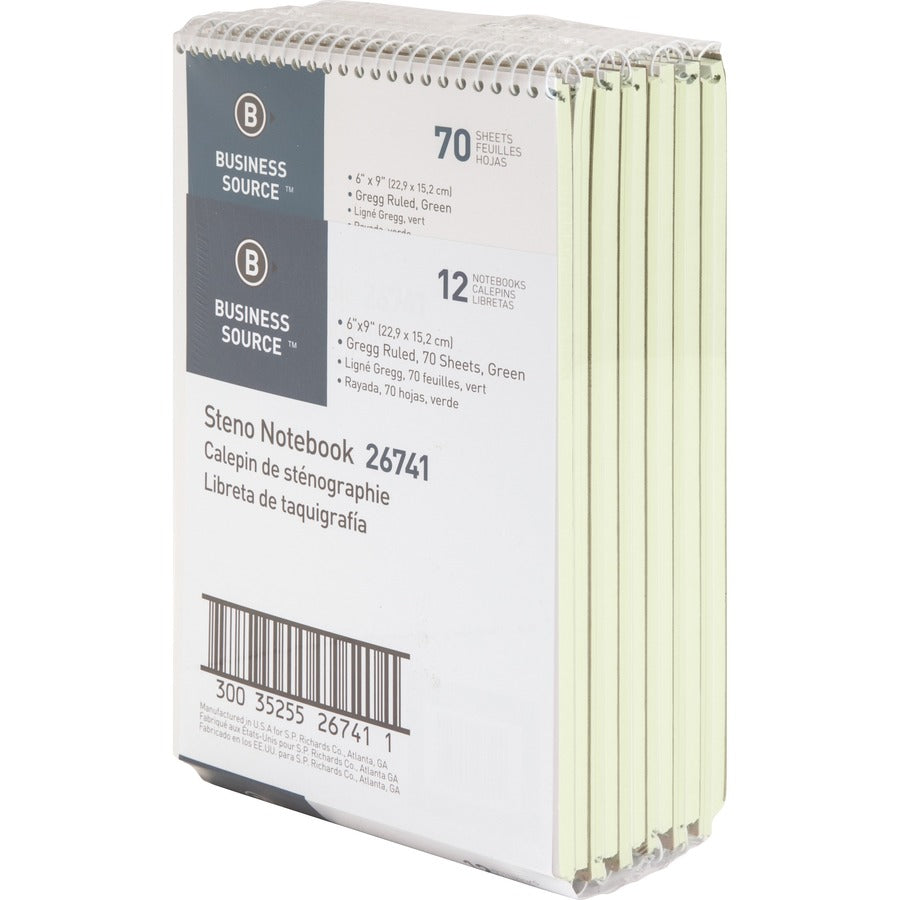 Business Source Steno Notebook - 70 Sheets - Wire Bound - Gregg Ruled Margin - 15 lb Basis Weight - 6" x 9" - Green Paper - Stiff-back - 12 / Pack