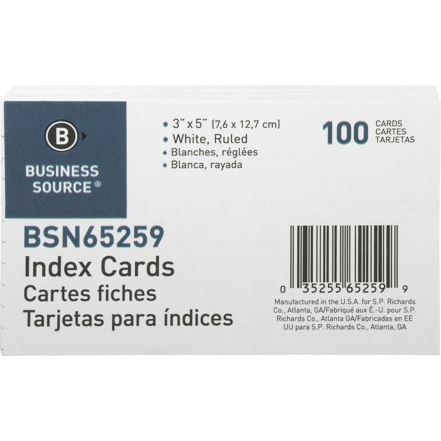 Business Source Ruled Index Cards - Front Ruling Surface - Ruled - 72 lb Basis Weight - 5" x 3" - White Paper - 1000 / Box