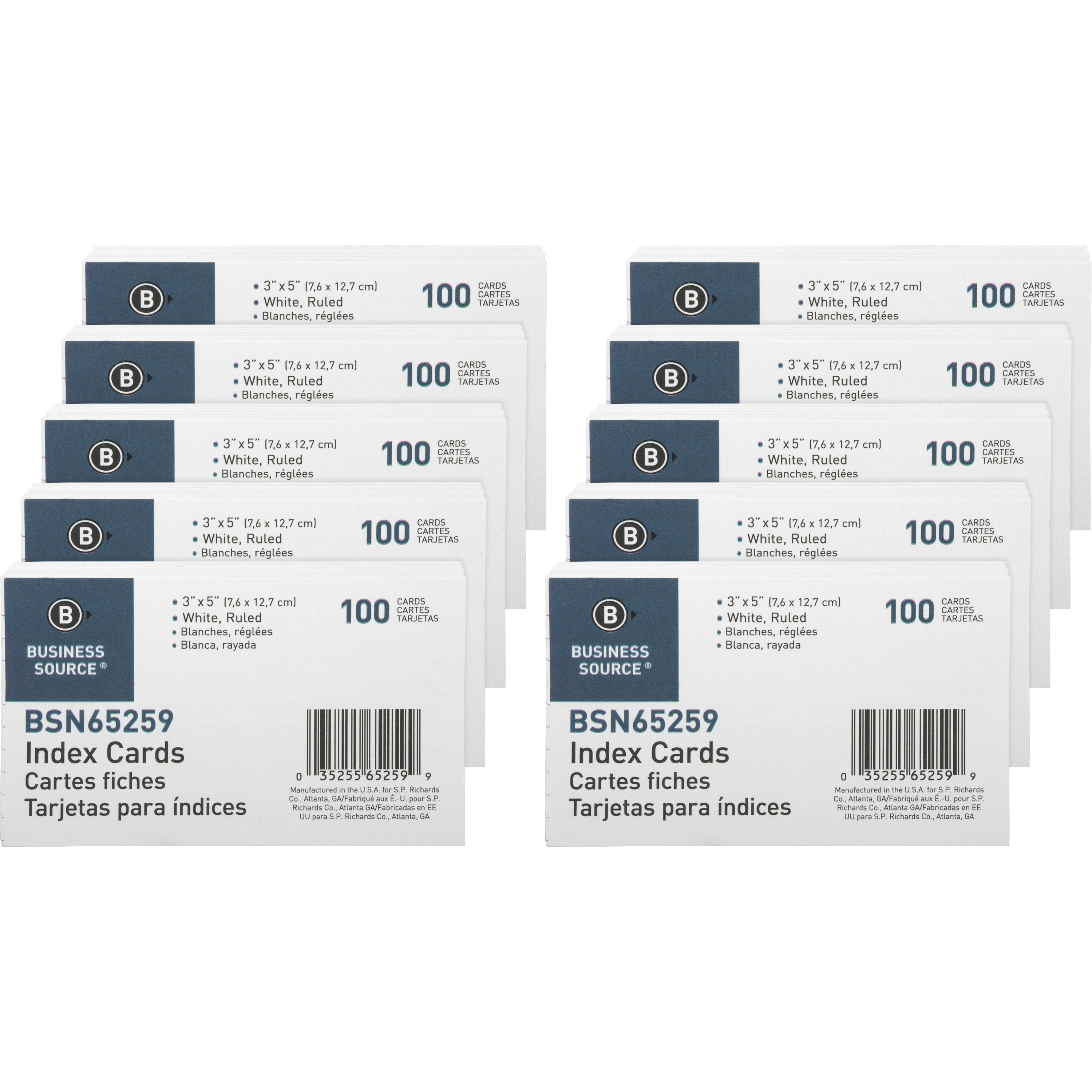 business-source-ruled-index-cards-front-ruling-surface-ruled-72-lb-basis-weight-5-x-3-white-paper-1000-box_bsn65259bx - 1