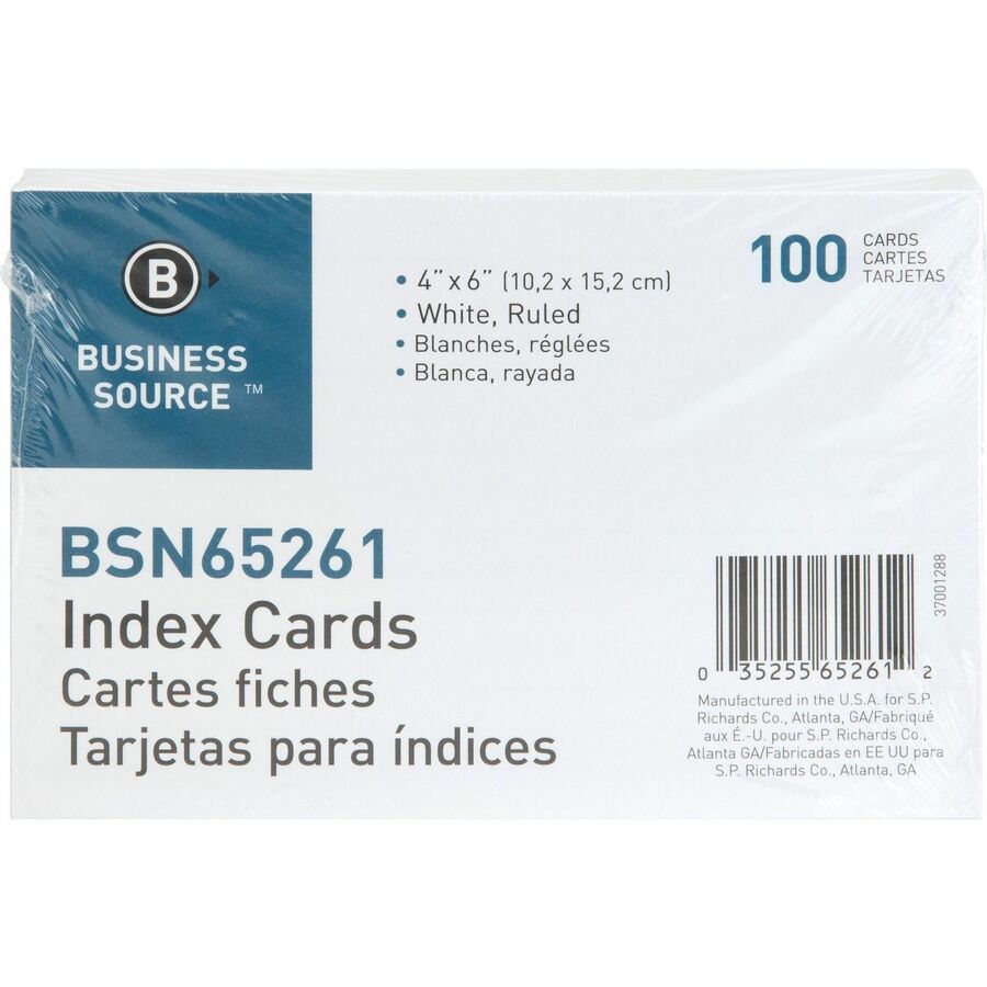 Business Source Ruled Index Cards - Front Ruling Surface - Ruled - 72 lb Basis Weight - 6" x 4" - White Paper - 1000 / Box