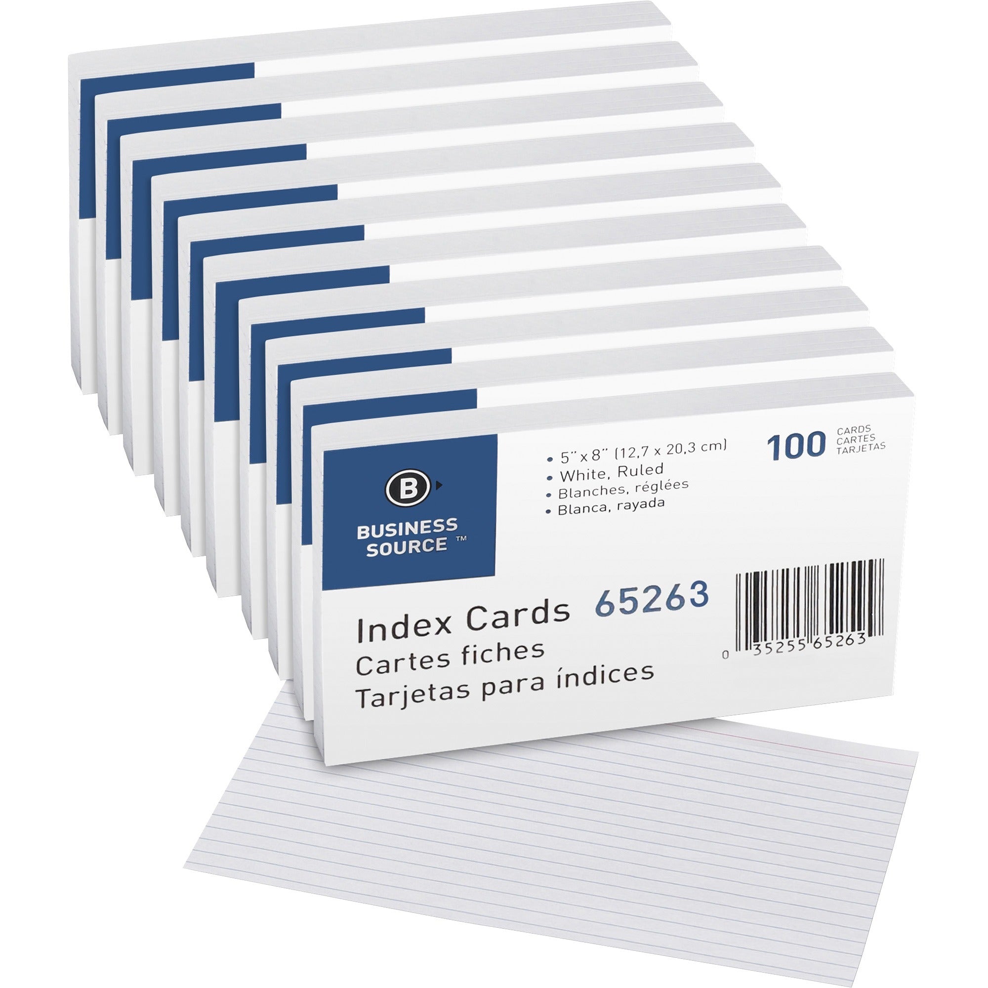 business-source-ruled-index-cards-front-ruling-surface-ruled-72-lb-basis-weight-8-x-5-white-paper-500-box_bsn65263bx - 1