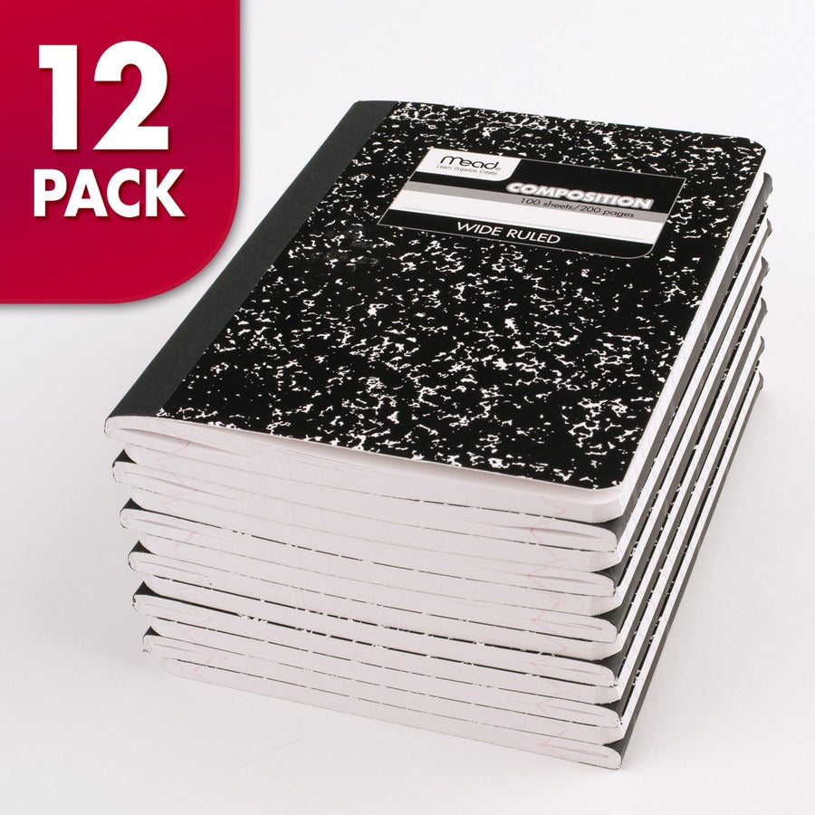 Mead Wide Ruled Composition Notebook - 100 Sheets - Sewn - 7 1/2" x 9 3/4" - White Paper - Black Marble Cover - 12 / Carton