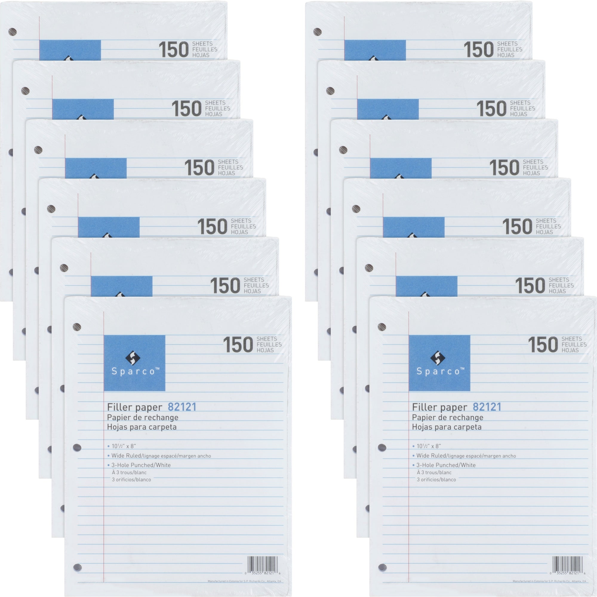 Sparco 3HP Filler Paper - 1800 Sheets - Wide Ruled - 16 lb Basis Weight - 8" x 10 1/2" - White Paper - Bleed-free - 12 / Bundle