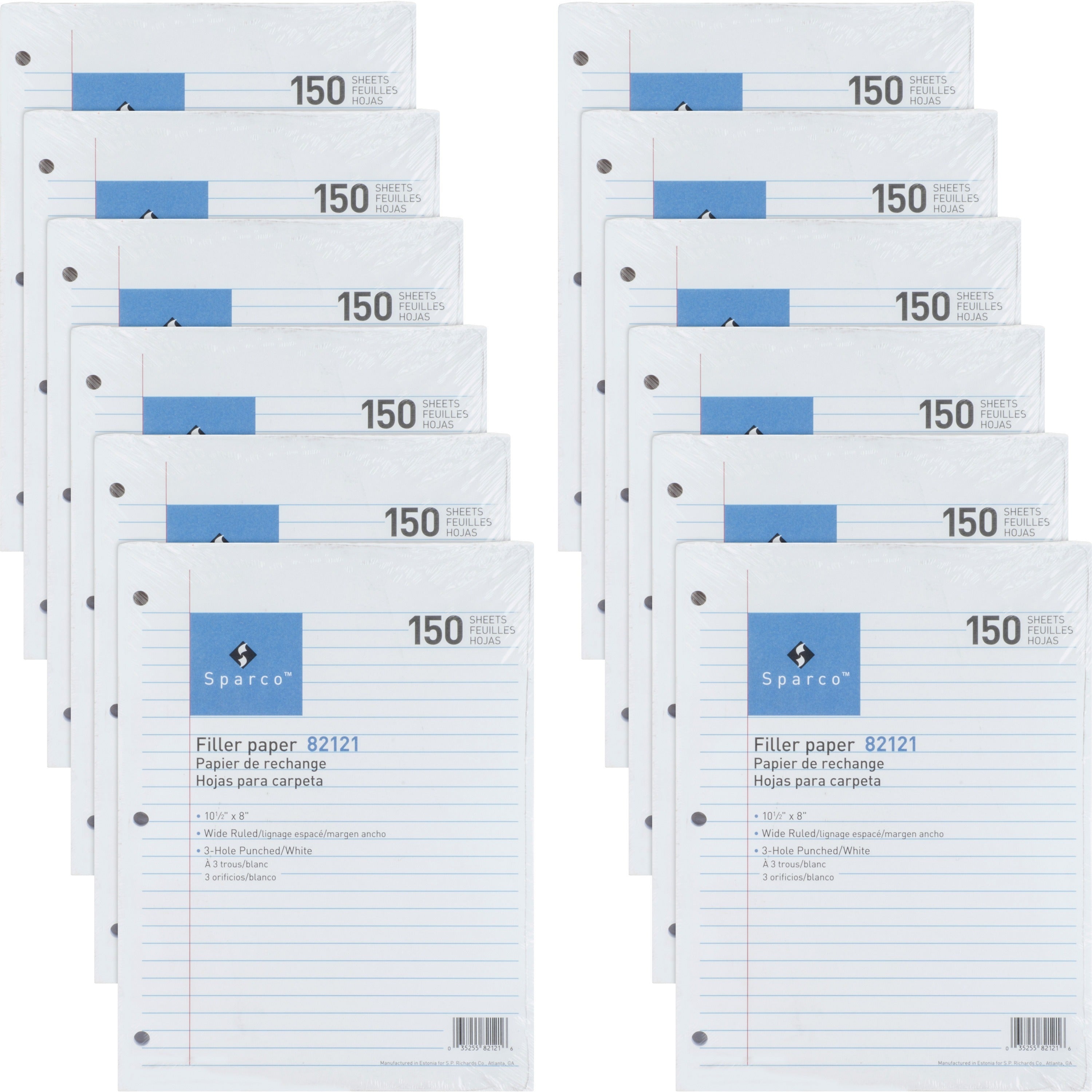 Sparco 3HP Filler Paper - 1800 Sheets - Wide Ruled - 16 lb Basis Weight - 8" x 10 1/2" - White Paper - Bleed-free - 12 / Bundle