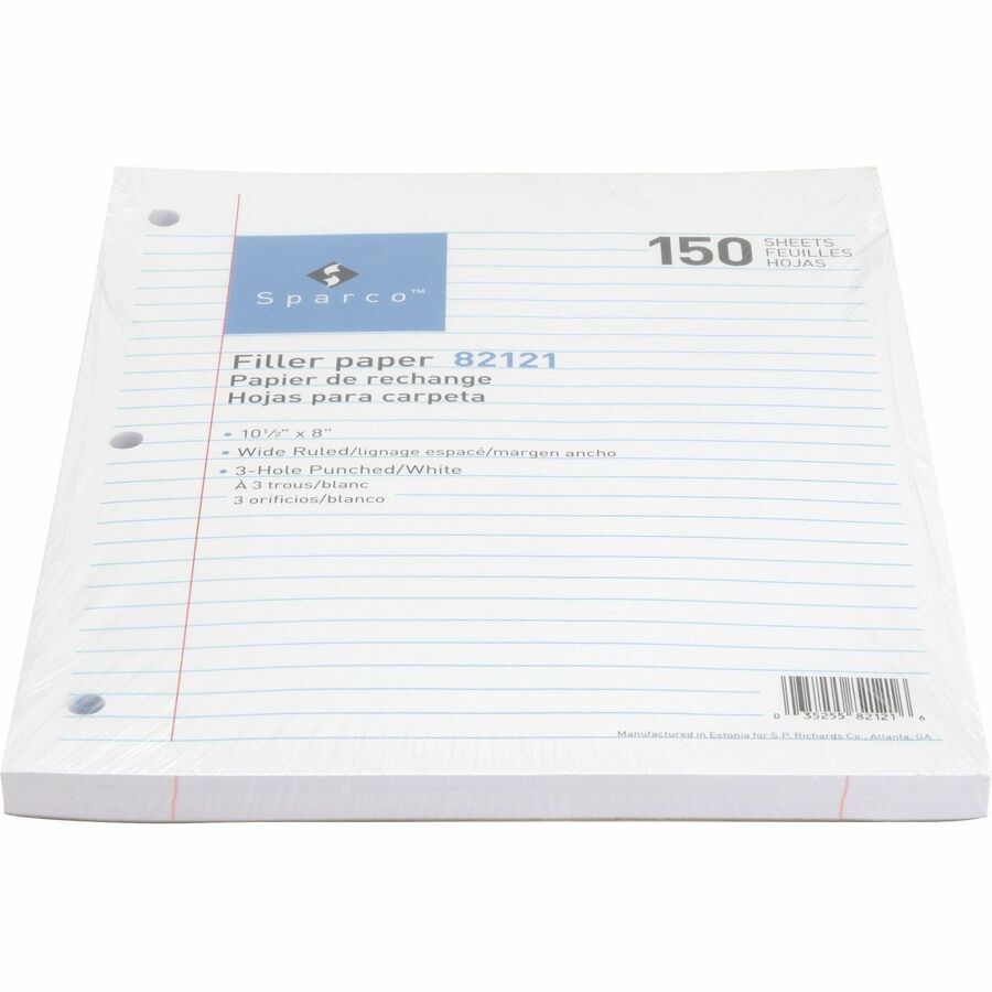 Sparco 3HP Filler Paper - 1800 Sheets - Wide Ruled - 16 lb Basis Weight - 8" x 10 1/2" - White Paper - Bleed-free - 12 / Bundle