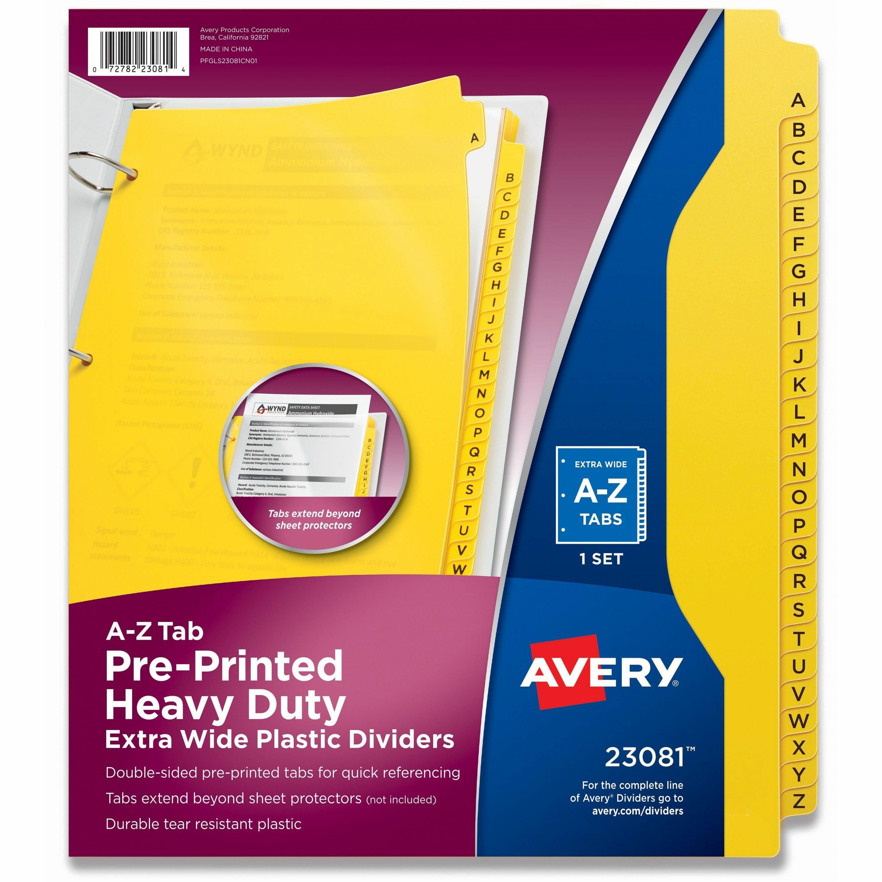 Heavy-Duty Preprinted Plastic Tab Dividers, 26-Tab, A to Z, 11 x 9, Yellow, 1 Set