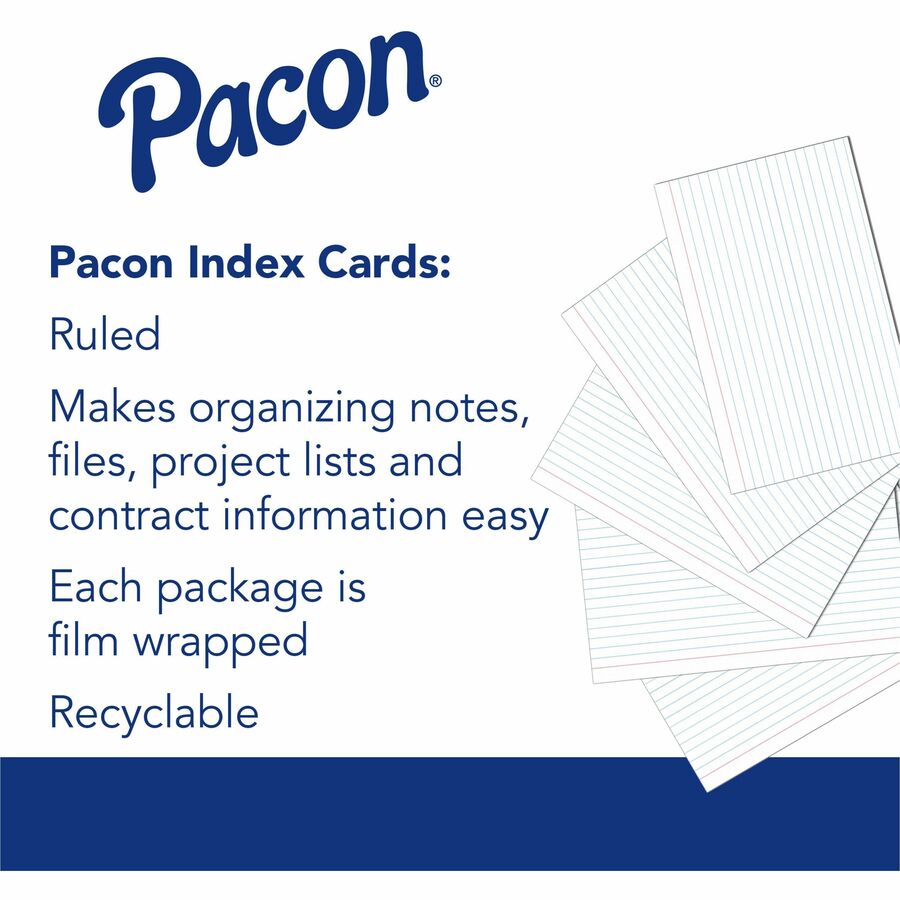 Pacon Ruled Index Cards - Front Ruling Surface - Ruled - 0.25" Ruled - Index Card - 3" x 5" - White Paper - Sturdy - 100 / Pack
