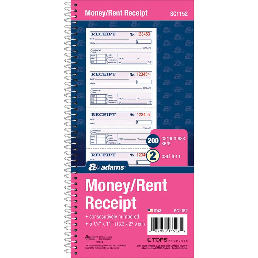 Adams Spiral 2-part Money/Rent Receipt Book - 200 Sheet(s) - Spiral Bound - 2 Part - 11" x 5.25" Form Size - White, Canary - Assorted Sheet(s) - 5 / Pack